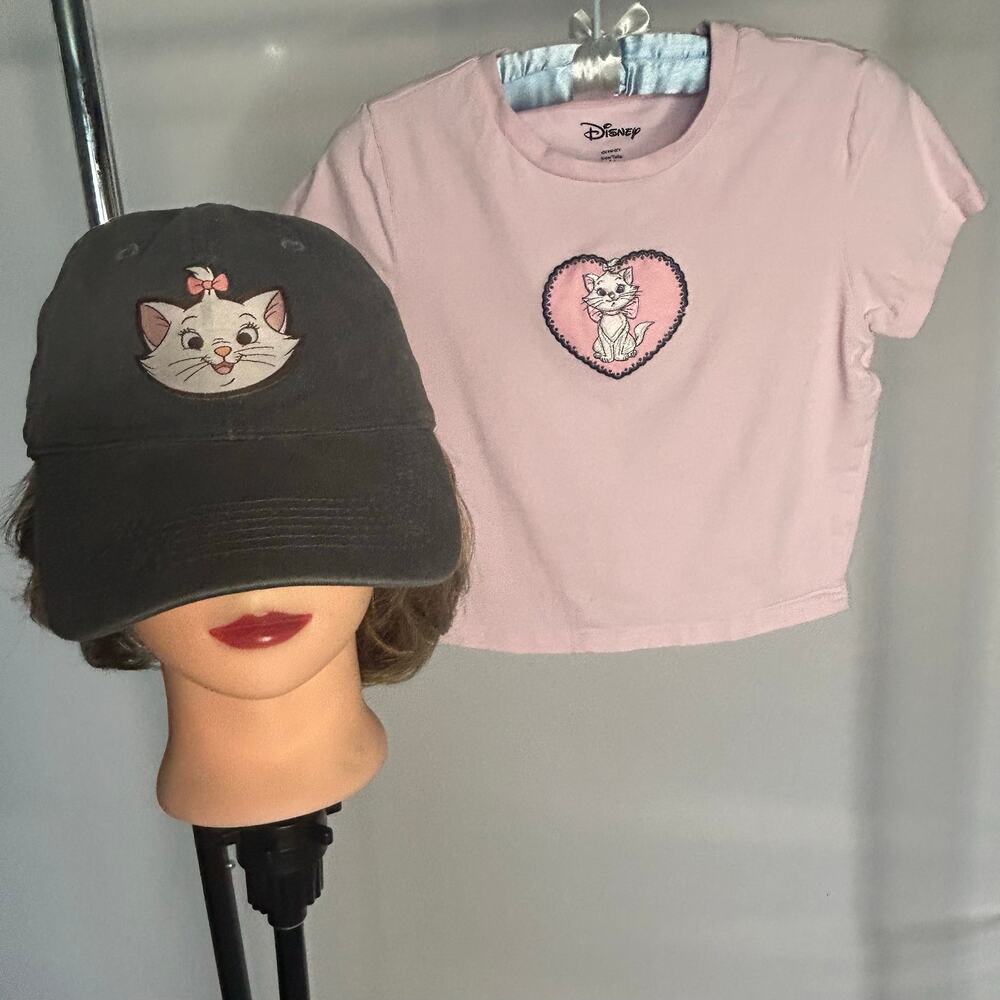 Disney Marie Aristocats Pink Crop Top Shirt & Black Baseball Cap Set Size M